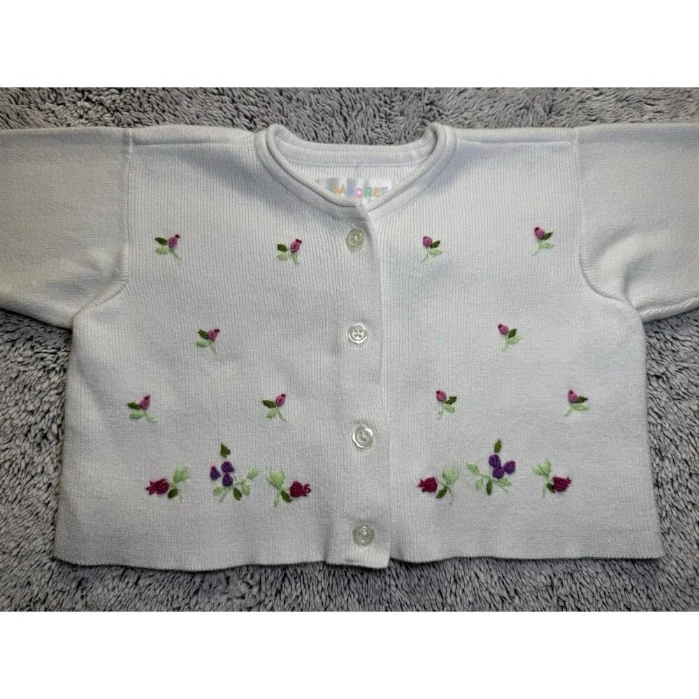 Vtg Gymboree 1998 Rainbow Tag‎ Floral Embroidered White Cardigan Sweater 0-3m